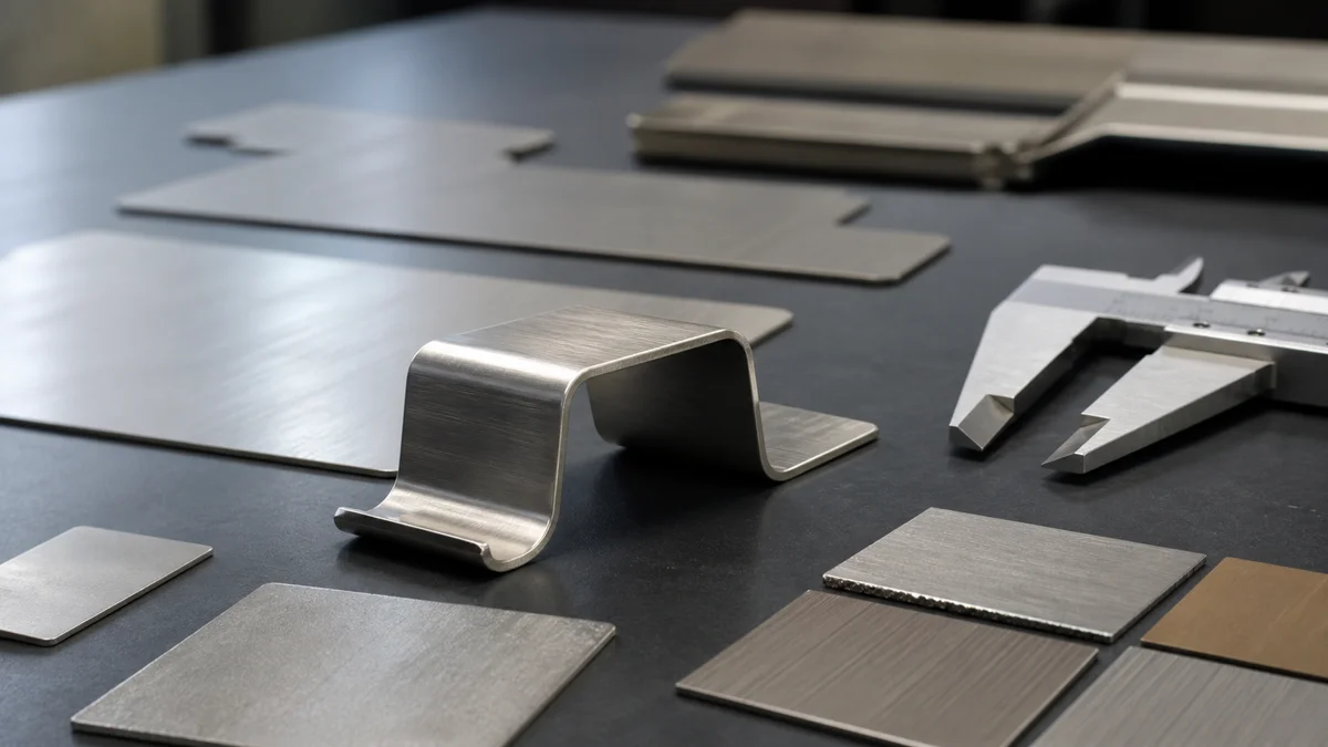 Stainless steel clip and sheet samples arranged for material, bend, and burr review.