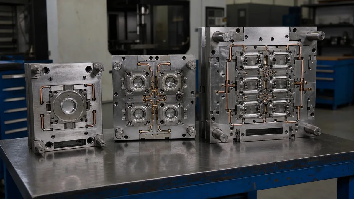 Three injection mold inserts showing different cavity counts, runner layouts, and tooling complexity.