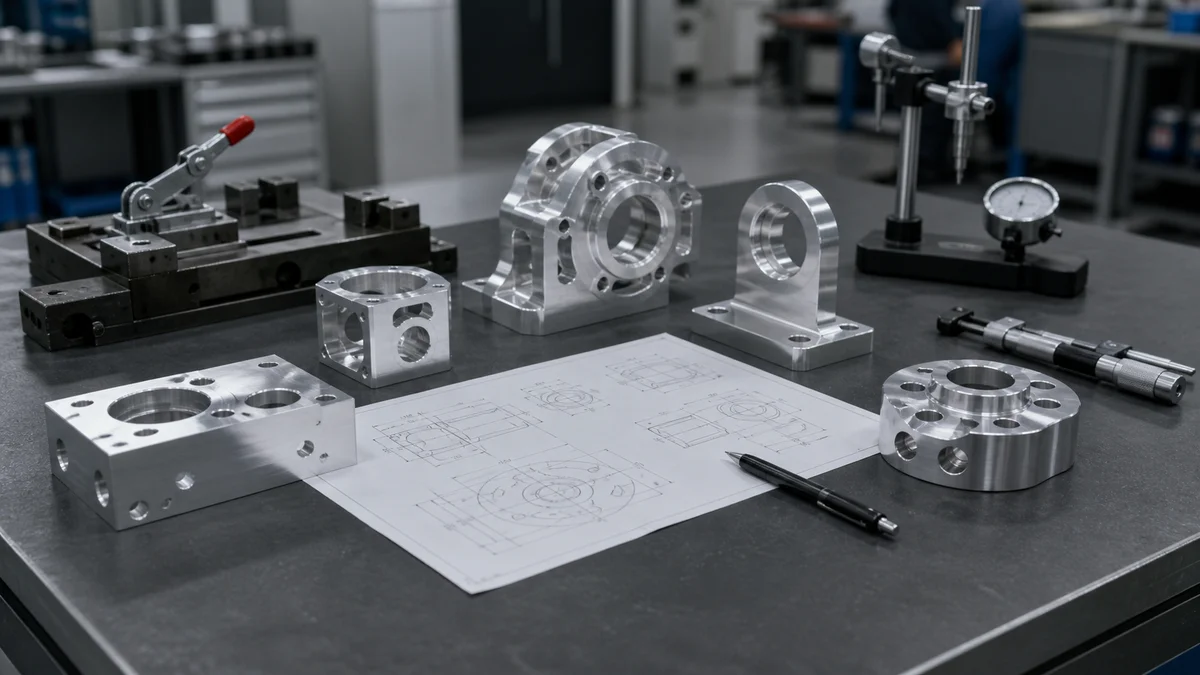 Aluminum Parts Selection Review Machined aluminum components, inspection tools, and an engineering review sheet arranged for material selection.