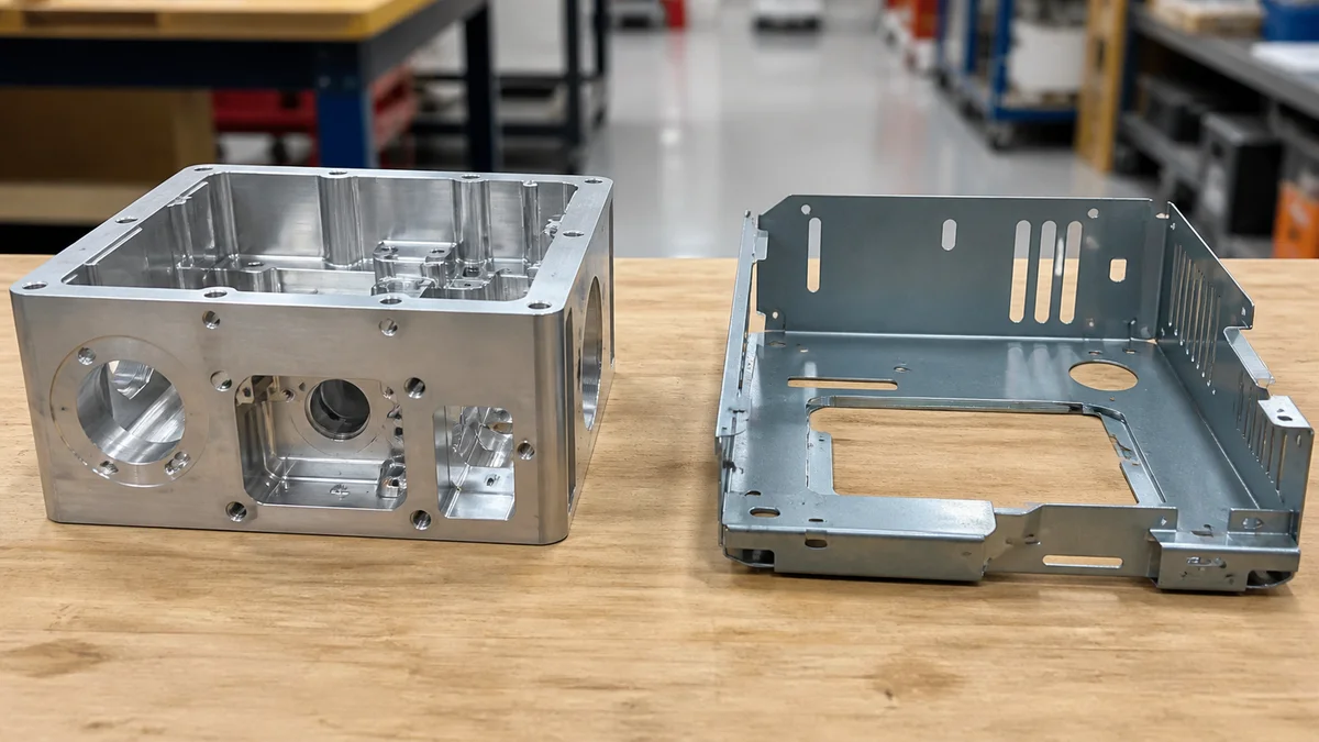 Solid Housing and Bent Chassis Solid machined housing with bores beside a bent sheet metal chassis with flanges and cutouts.