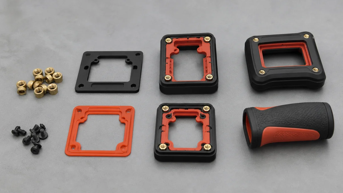 Loose components and completed insert-molded and overmolded assemblies arranged for manufacturing cost comparison.