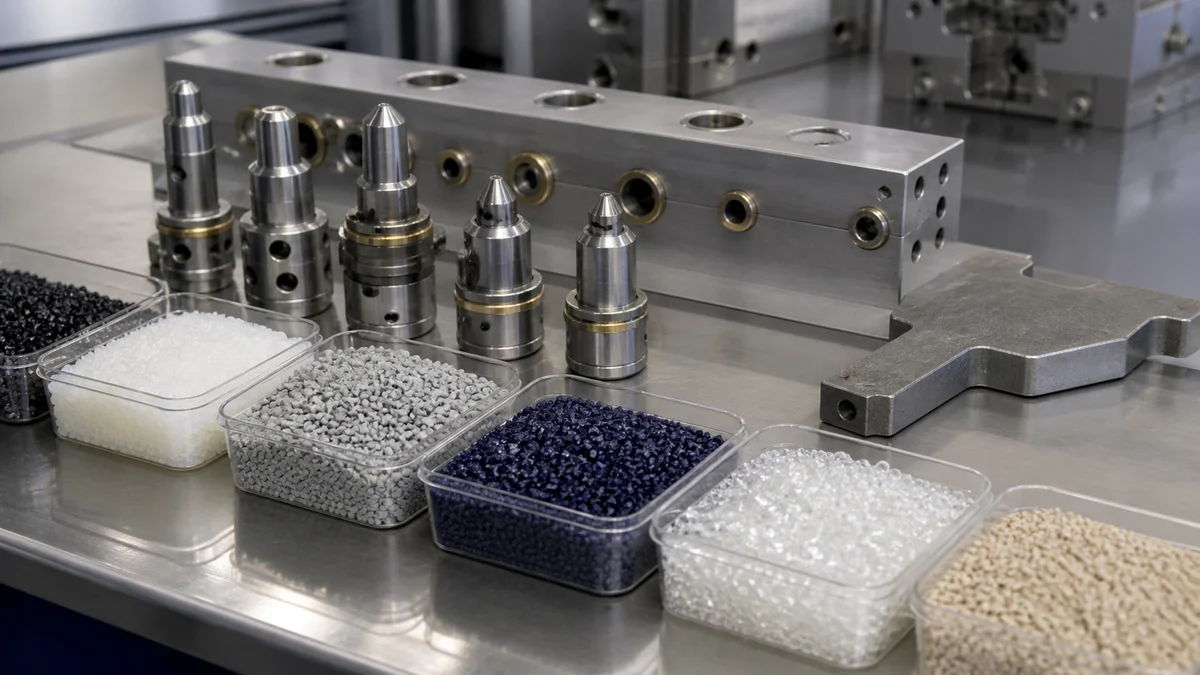 Resin pellet samples arranged beside hot-runner components and a solid cold runner.