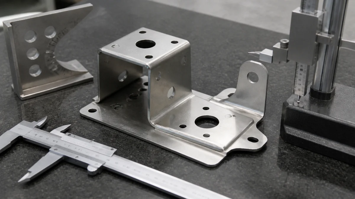 Stamped Feature Inspection Stamped bracket with pierced holes, bends, edges, and inspection gauges on a surface plate.