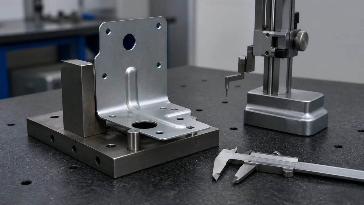 Stamped Bracket Datum Inspection Formed metal bracket positioned against a datum fixture with inspection tools nearby.