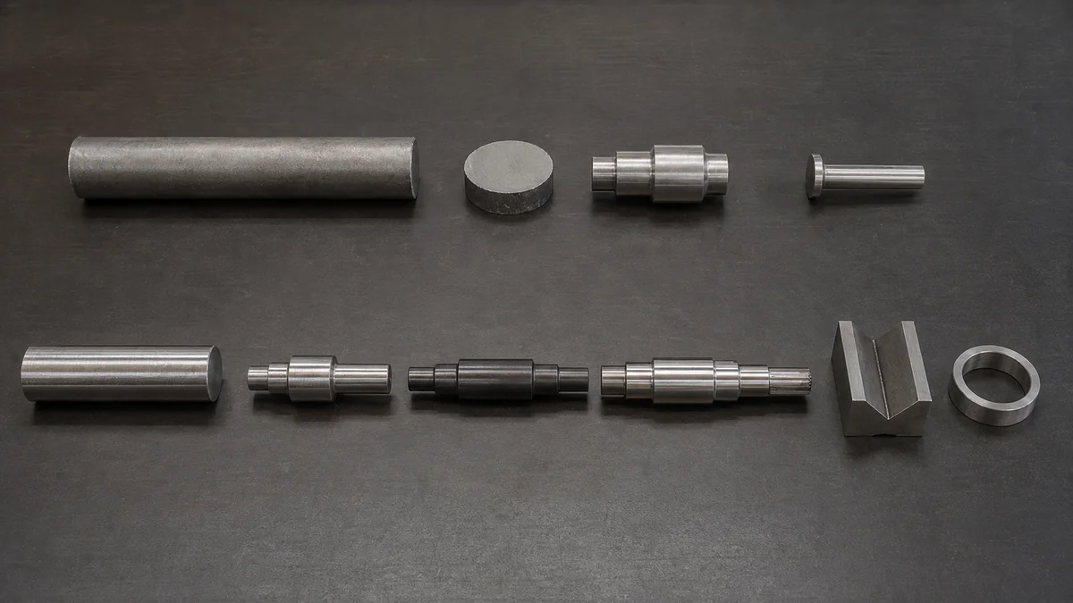Raw steel, machined blanks, heat-treated components, finished shafts, and inspection tools arranged as two process routes.