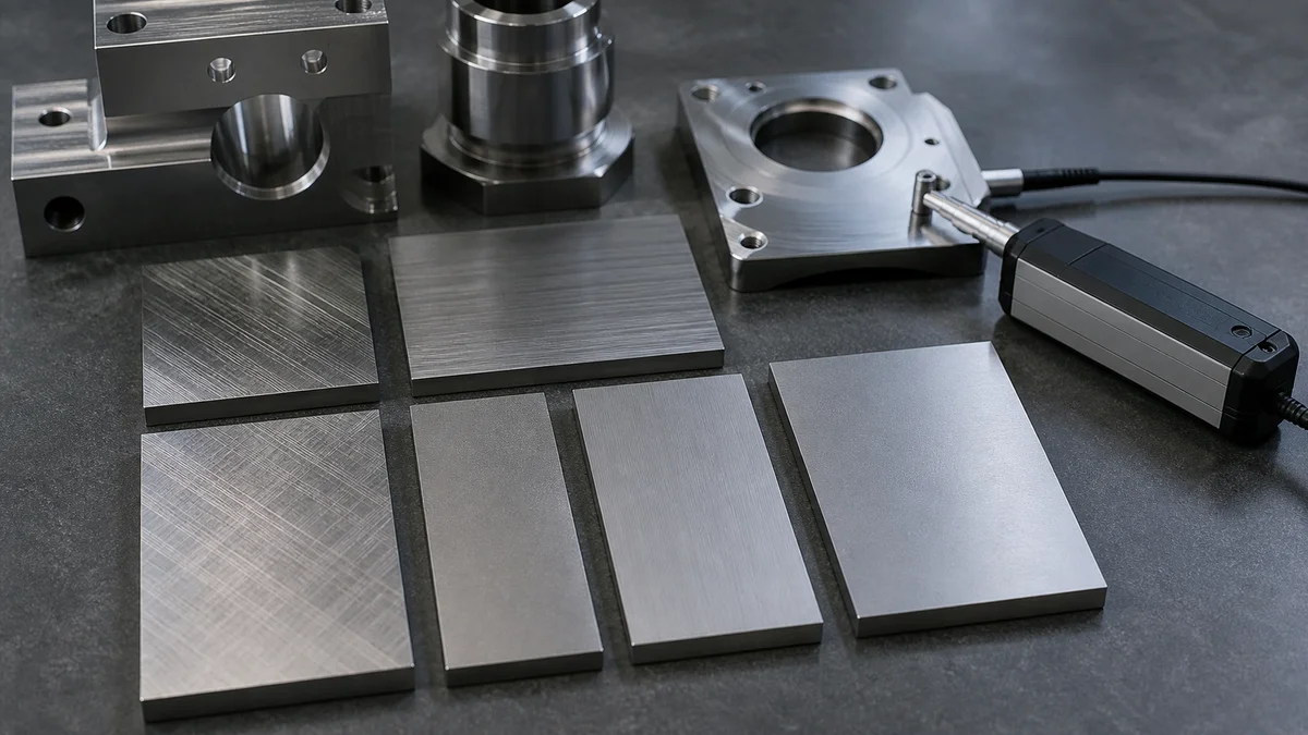 Ground Surface Finish Samples Machined and ground metal samples with different surface textures beside a roughness probe.