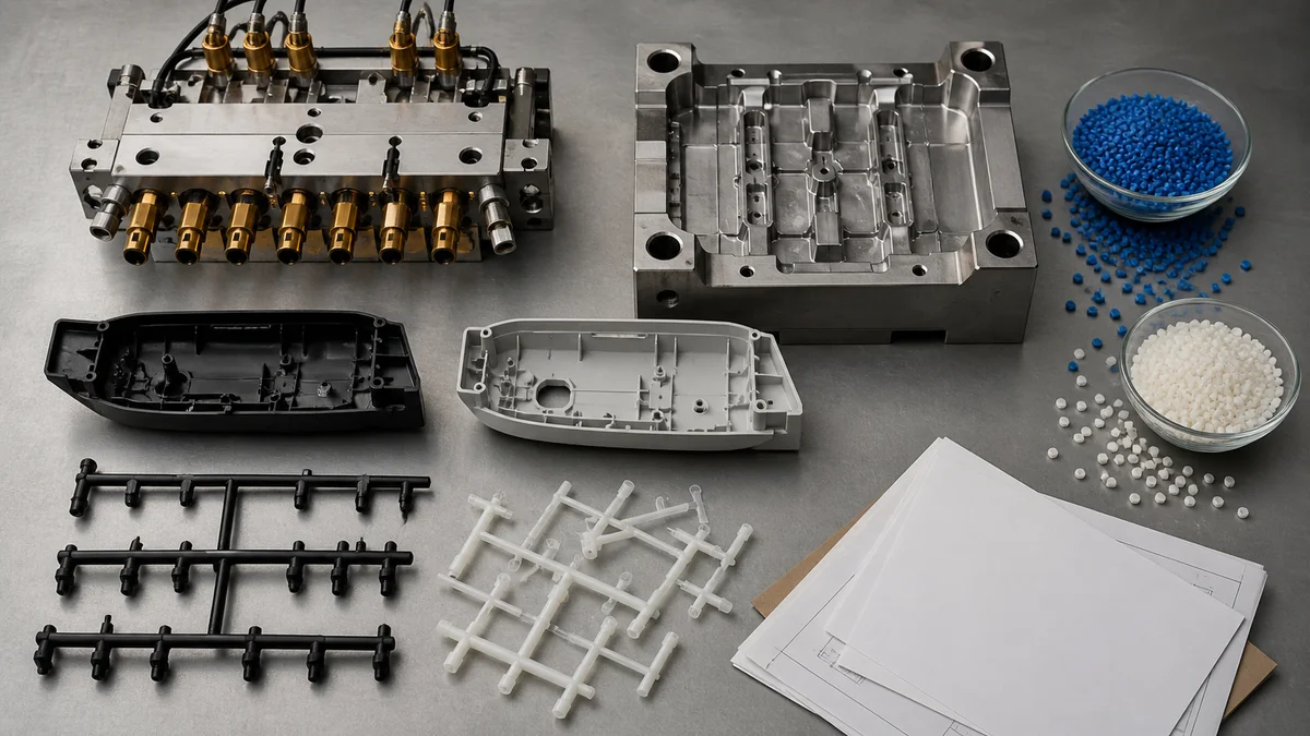 Hot-runner hardware, cold-runner tooling, molded parts, and runner material arranged for cost comparison.