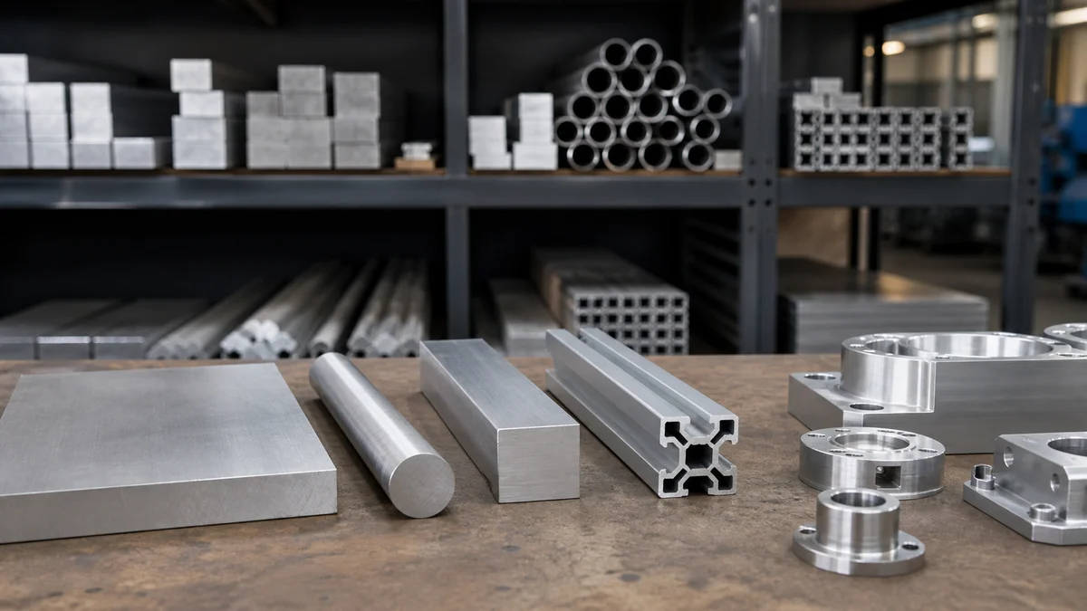 Aluminum Plate Bar and Extrusion Aluminum plate, bars, and an extrusion profile displayed beside partially machined components.