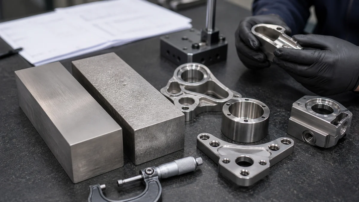 Titanium stock samples and machined components arranged with a micrometer for material and geometry review.