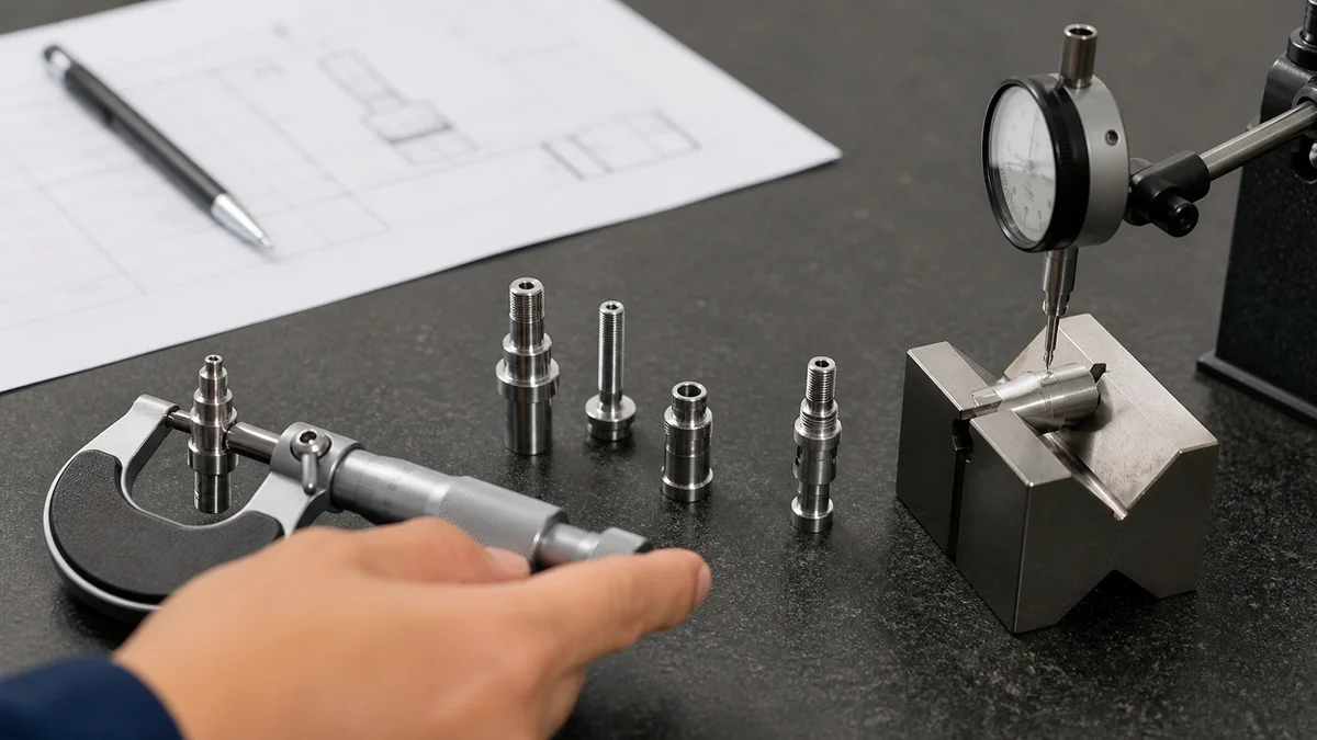 Small turned parts arranged with a micrometer, dial indicator, and V-block for dimensional inspection.