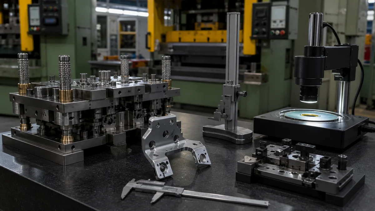 Finished stamped bracket positioned with dimensional inspection tools and a datum fixture.