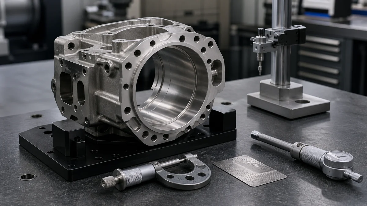 Titanium housing undergoing dimensional and surface inspection with several measuring tools.