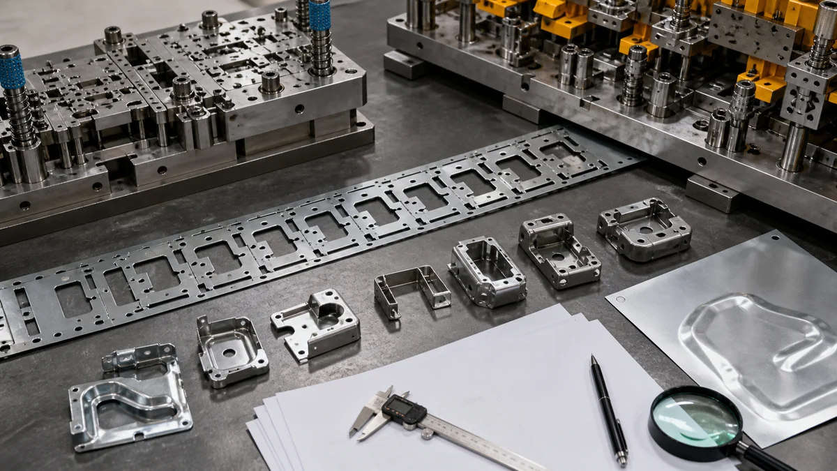 Carrier strip, individual blanks, die components, and inspection tools arranged for program cost review.
