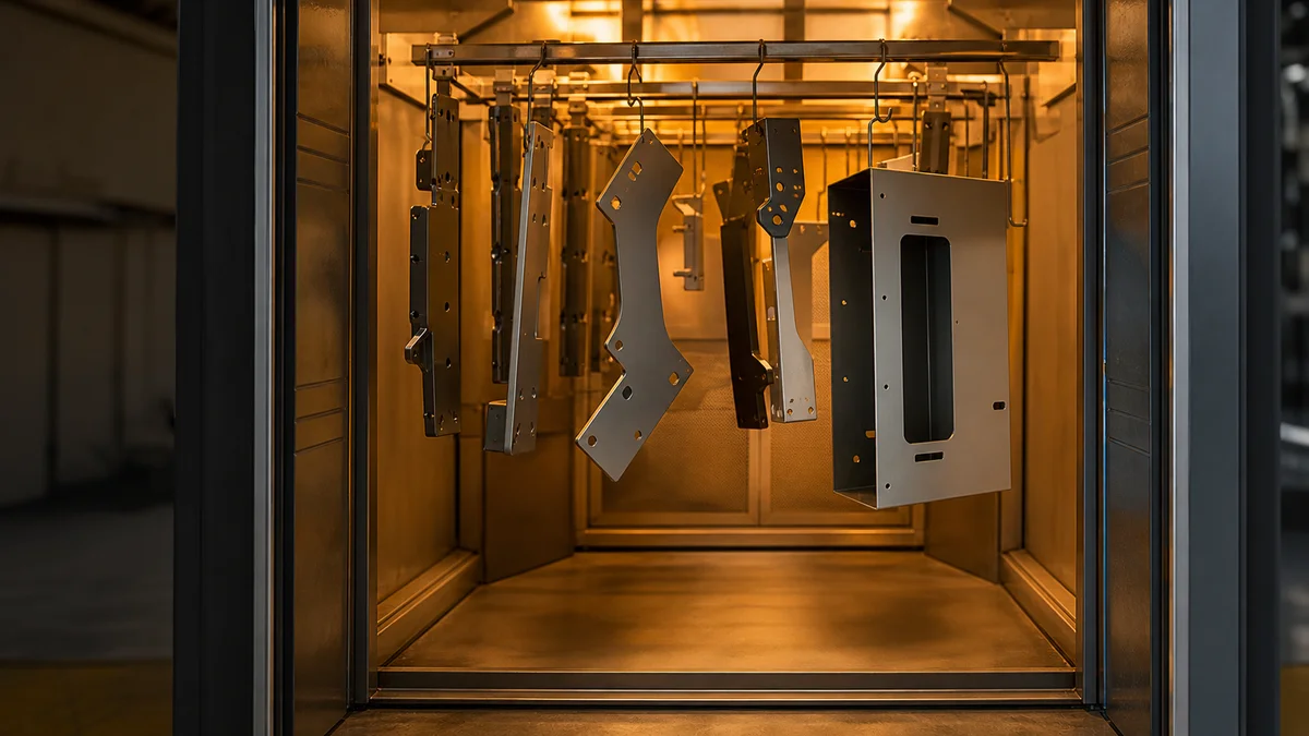 Sheet metal brackets and an enclosure hanging on a rack at a powder-coating cure oven.