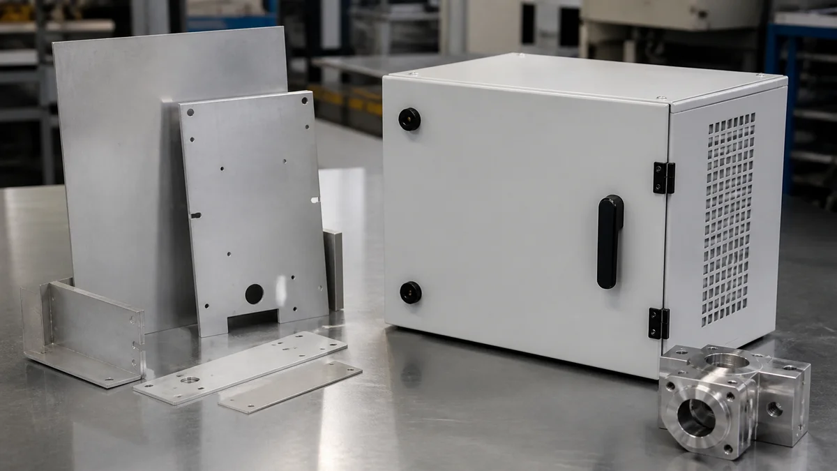 Complete Delivered Part Comparison Loose unfinished panels compared with a completed coated enclosure and finished machined component.
