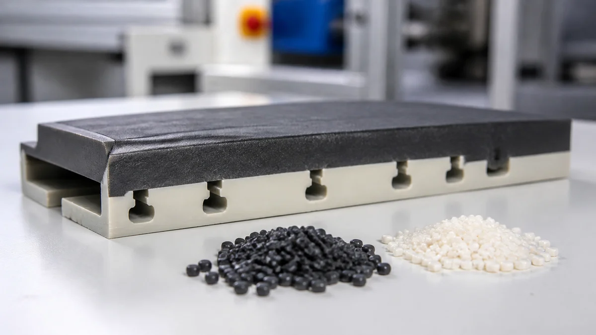 Sectioned rigid plastic substrate with a contrasting overmold layer and visible mechanical interlock geometry.