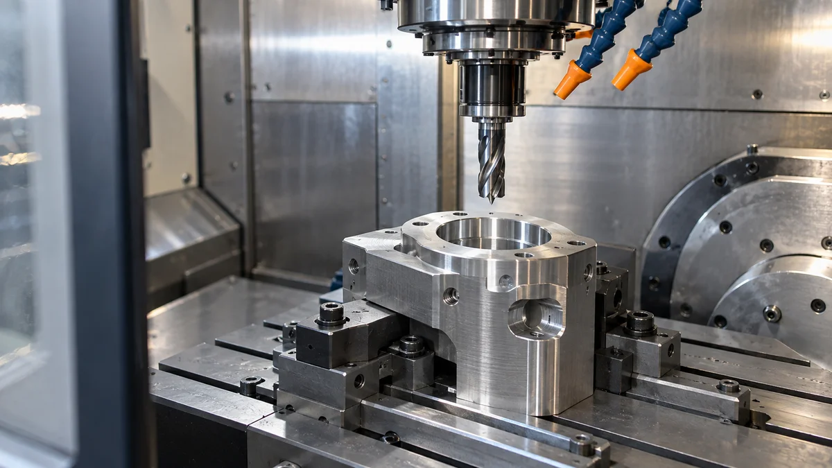 Machined part held in a fixture inside a CNC machine.