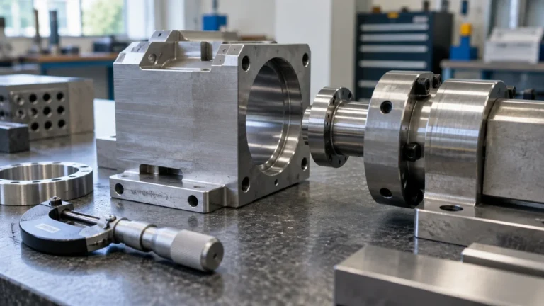 Metal components arranged beside a micrometer on an inspection table.