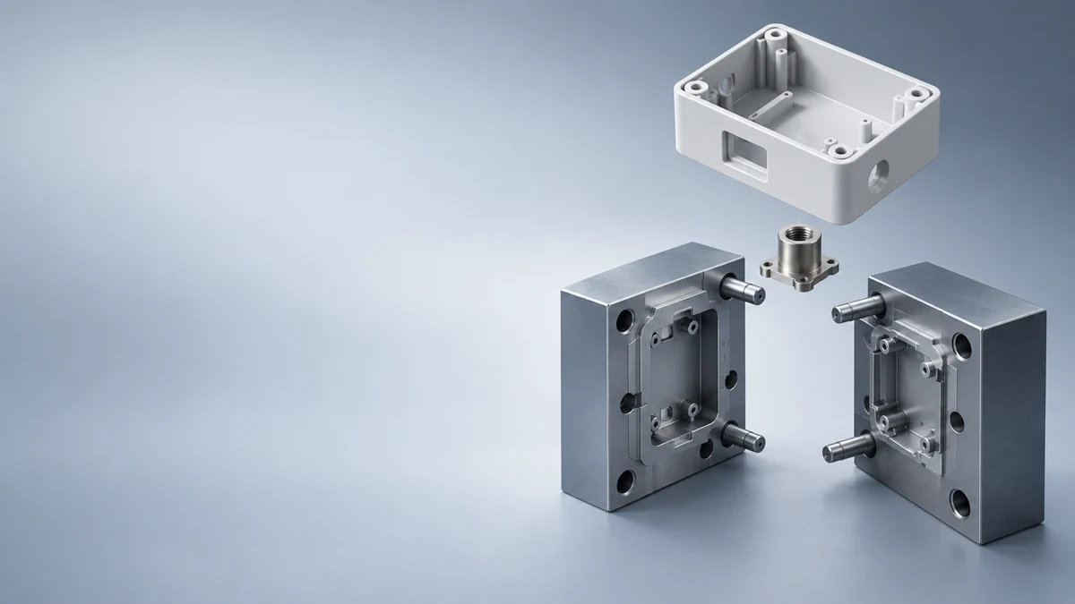 Molded housing, an open mold and a metal insert