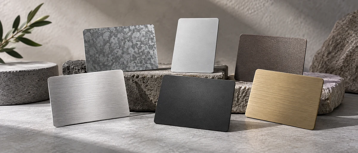 Metal surface finish samples beside an unfinished coupon