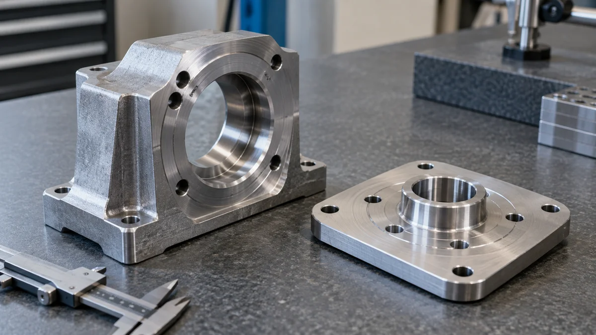 Two metal components with circular bores and flat faces on a worktable.