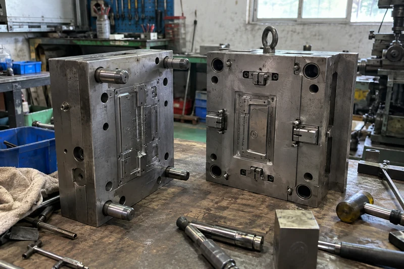 An injection mold and press setup