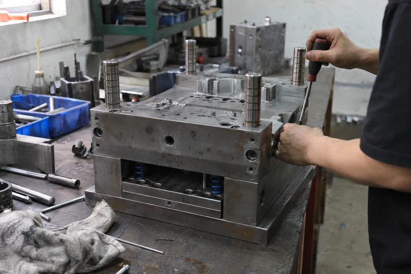 An assembled injection mold at trial