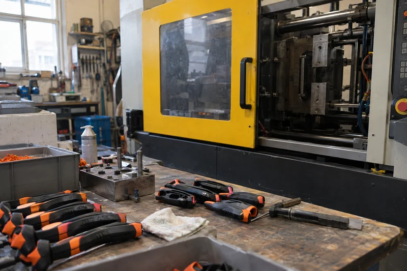 An overmolding press, fixture and in-process part