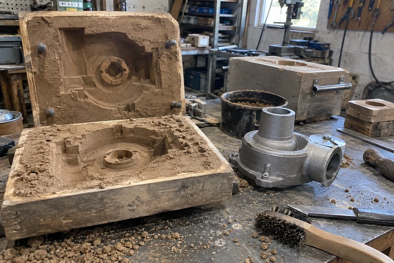 Sand casting setup with an in-process part