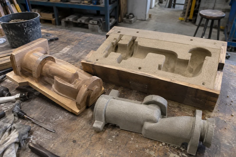 A pattern, core box and cores