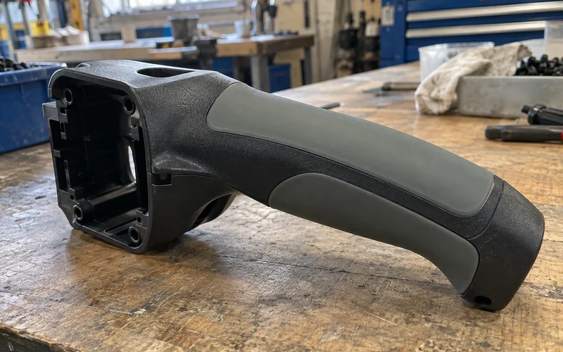 A soft overmolded grip on a rigid plastic part
