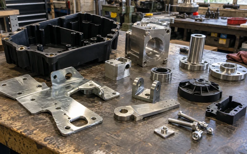 An assembly of stamped, machined and molded parts