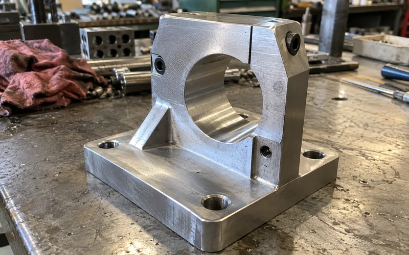 A machined mounting block or bracket