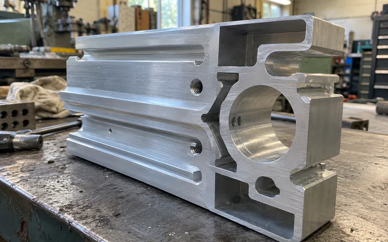 A cut aluminum profile with machined features