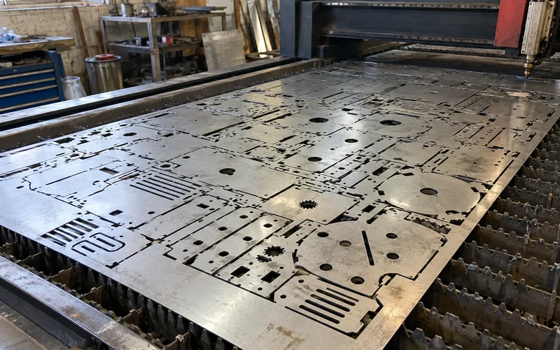 A nested sheet of laser-cut parts