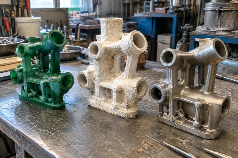 A wax pattern, shell and investment cast part