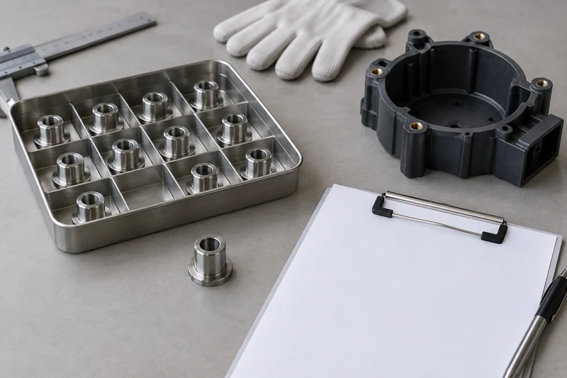 Metal inserts in a tray beside a molded housing