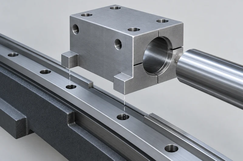 Custom block aligned to machine rail and shaft