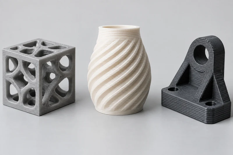 Three printed sample forms with different layer textures