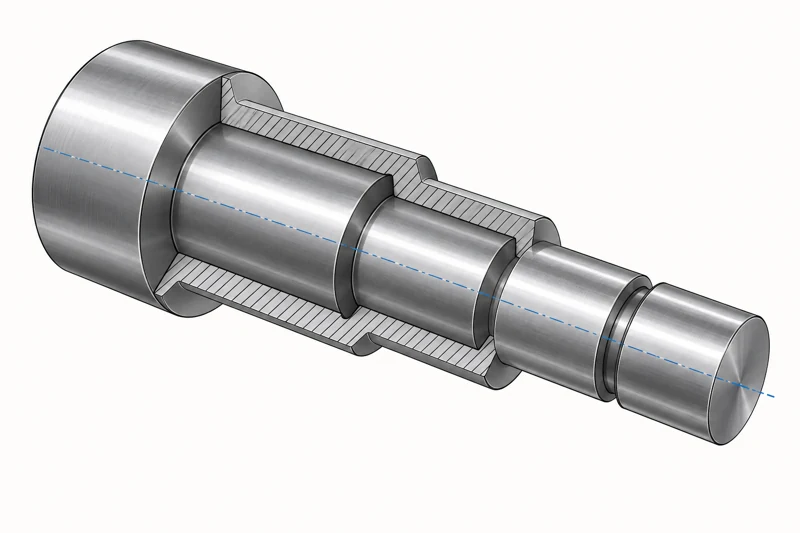 Stepped shaft with axis, shoulders and grooves