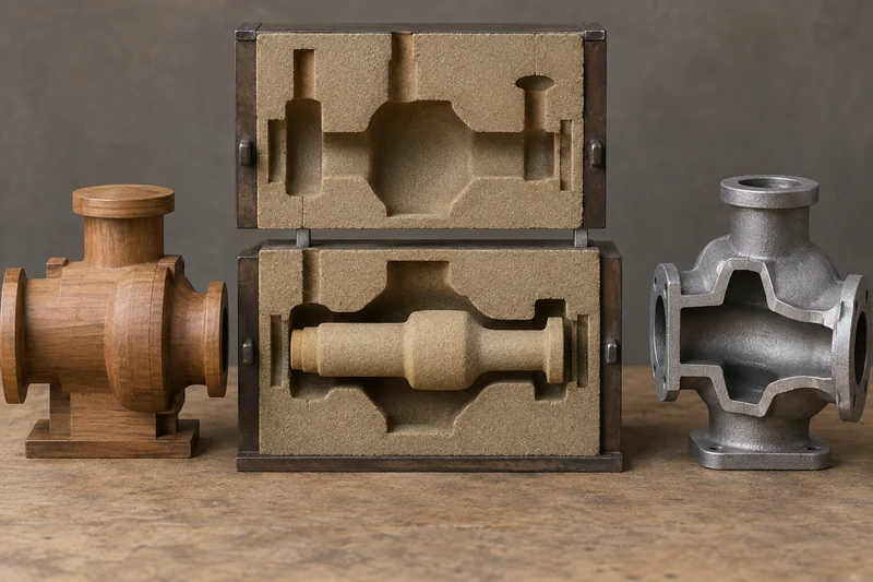 Sand casting pattern and core forming an internal passage