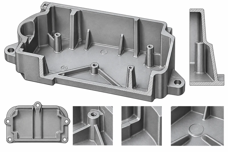 Die cast housing geometry with ribs and bosses
