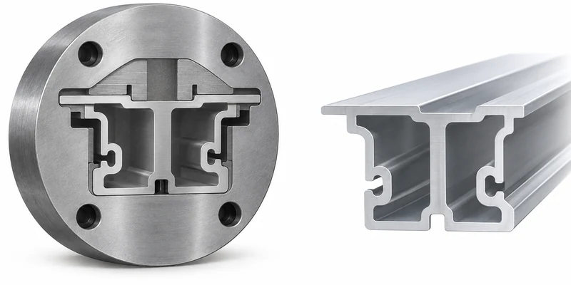 Extrusion die beside its matching aluminum profile