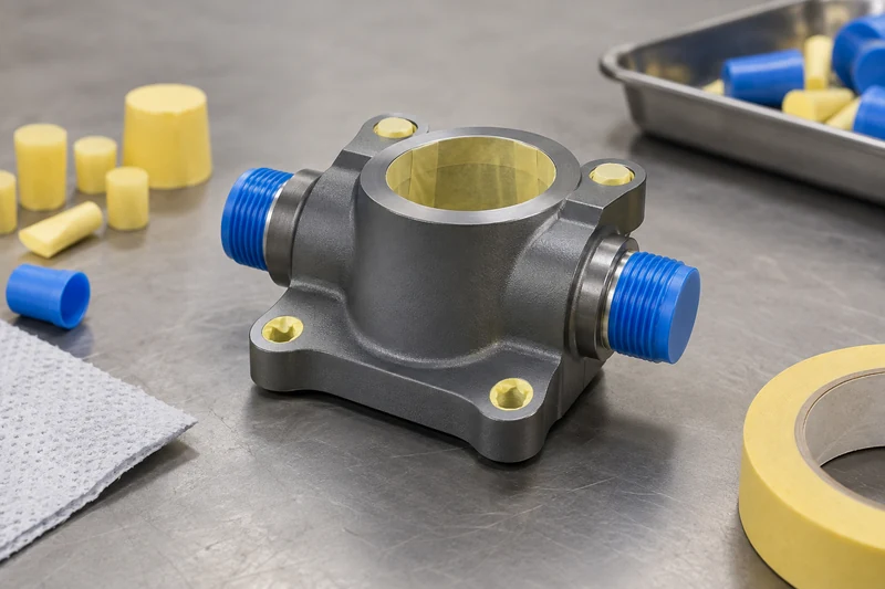 Metal part with masked threads and fit bore