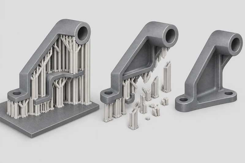 Printed bracket before, during and after support removal