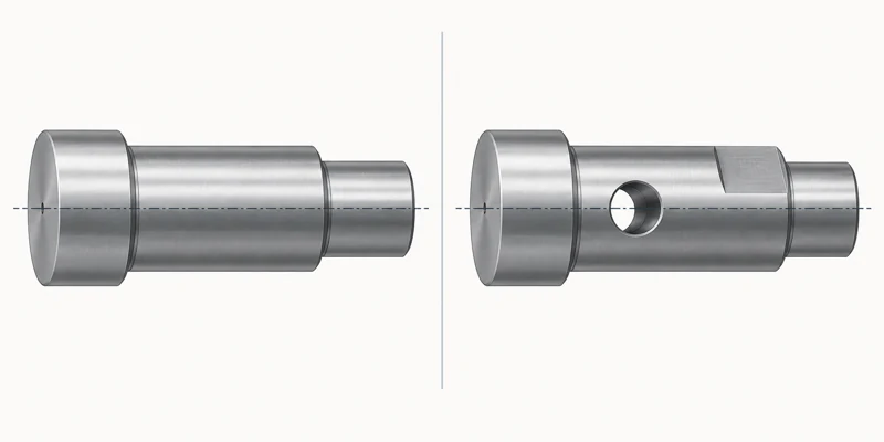 Turned shaft before and after cross drilling and milling