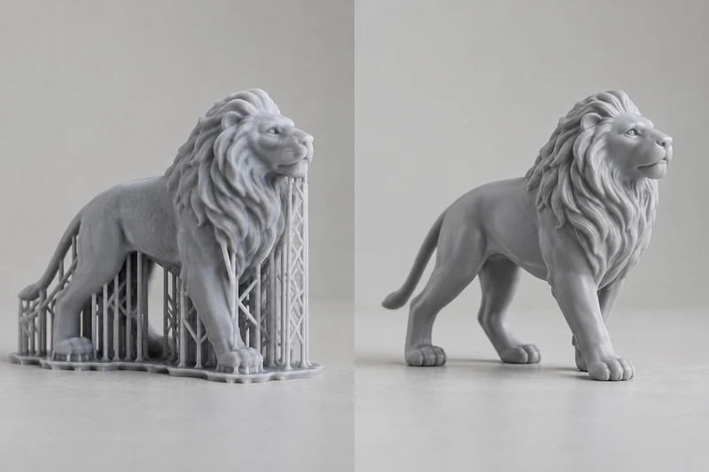 Printed resin model before and after support removal
