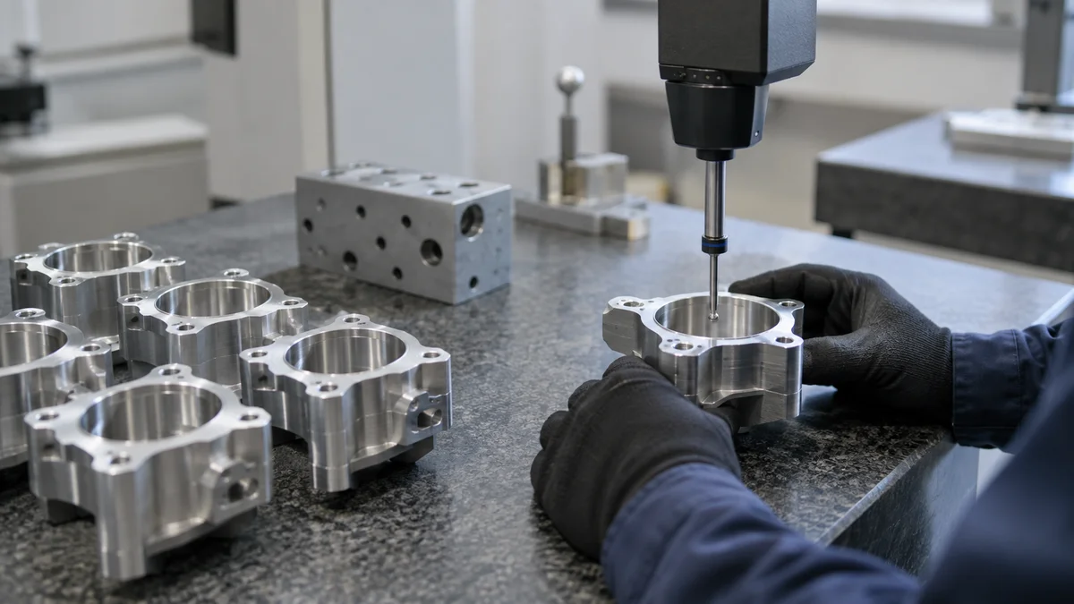 Machined parts at an inspection station beside a measuring instrument.