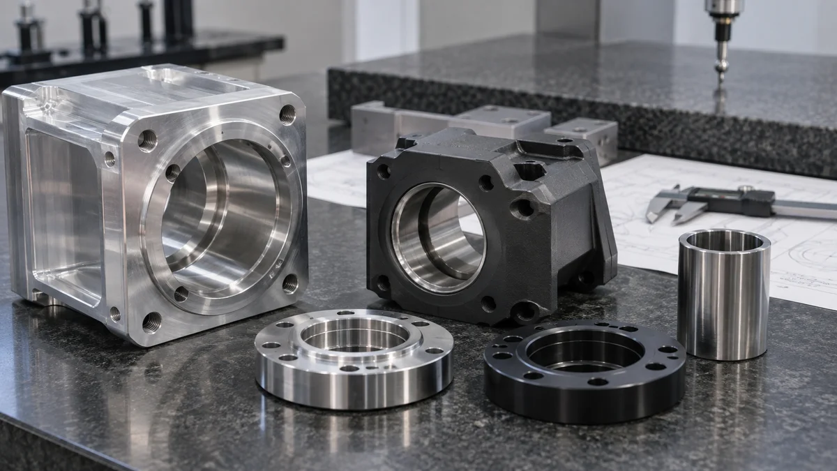 Machined parts with different surface appearances and visible mating features.