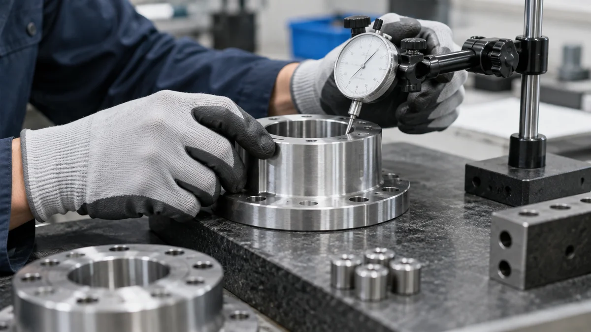 Gloved hands holding a machined component beside a dial gauge on an inspection bench.